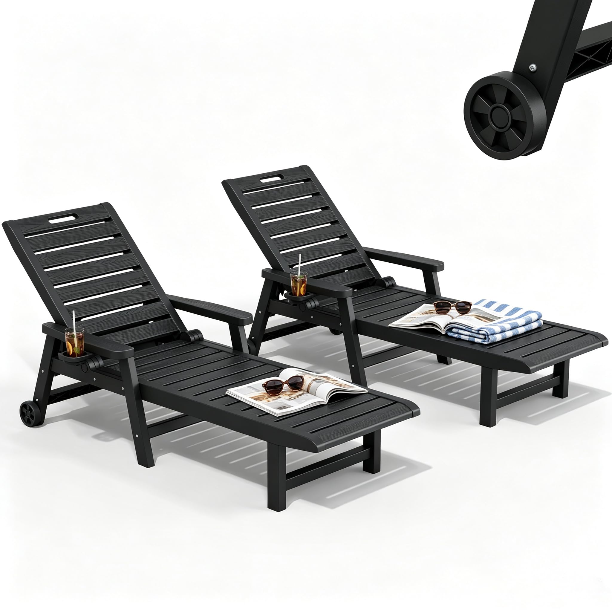 HDPE Outdoor Lounge Chair Set of 2 with Wheels &amp; Cup Holder, Black