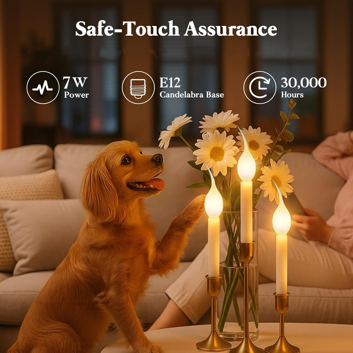 Hompavo Shatter-Resistant Candle Light Bulbs - 7W Silicone Dipped E12 Candelabra Base Bulbs with Warm White Decorative Flame Tip for Christmas Chandeliers, Sconces, Night Lights - 12 Pack