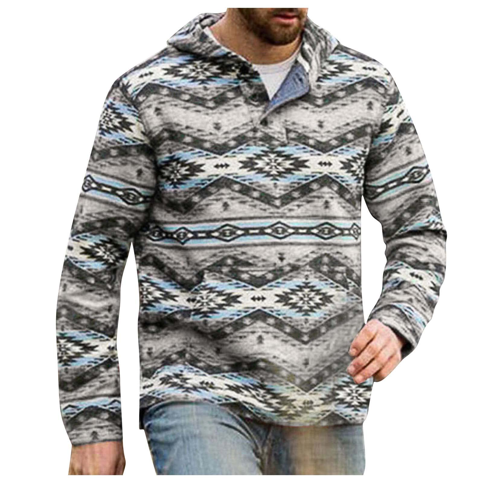 Mnowson Men Hooded Sportswear Vintage Long Sleeve Sweatshirt Ethnic Printed Hoodie Sweatshirt Winter Warm Tracksuit