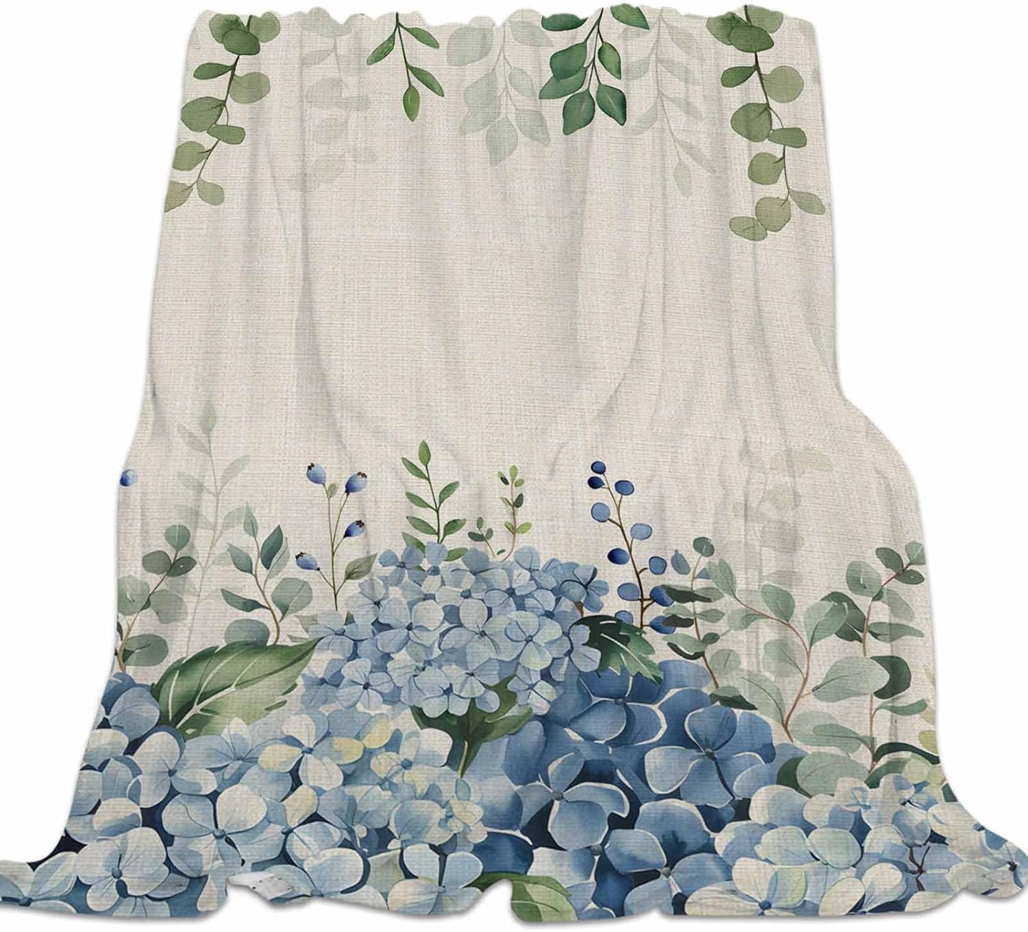 Super Soft Flannel Fleece Blanket, Farmhouse Eucalyptus Blue Hydrangea Plants Linen Lightweight Blankets, Cozy Microfiber Plush Throw Blankets for Bed, Sofa, Couch, Travel, Camping, 40" x 50"
