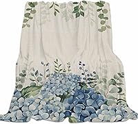 Vista 1 de Super Soft Flannel Fleece Blanket, Farmhouse Eucalyptus Blue Hydrangea Plants Linen Lightweight Blankets, Cozy Microfiber Plush Throw Blankets for