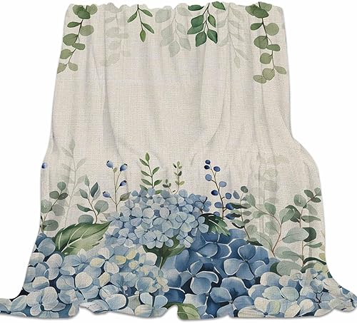 Super Soft Flannel Fleece Blanket, Farmhouse Eucalyptus Blue Hydrangea Plants Linen Lightweight Blankets, Cozy Microfiber Plush Throw Blankets for