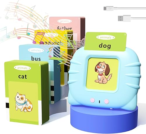 NEWYES Tarjetas didácticas parlantes para niños pequeños, 112 tarjetas Montessori, dispositivo de inclinación para niños (azul)