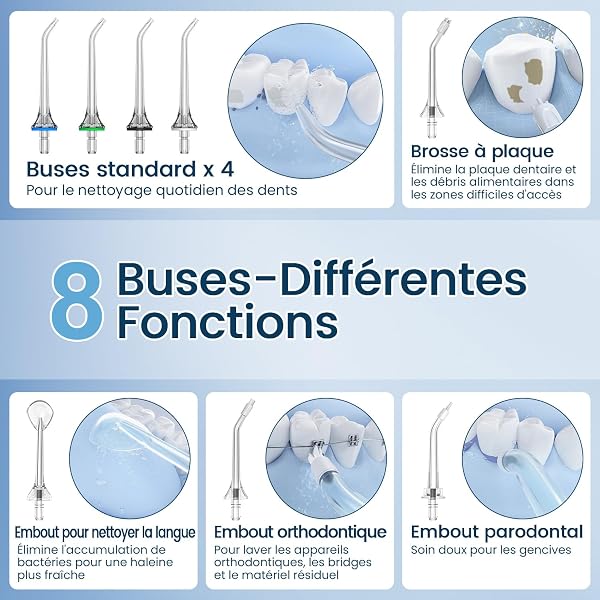 VIMMK Jet Dentaire Hydropulseur et Irrigateurs Oral avec 5 Modes de Pression d'eau et 8 Embouts Remplaçables, Rechargeable et Étanche IPX7, Réservoir 300ML (Noir) - 3