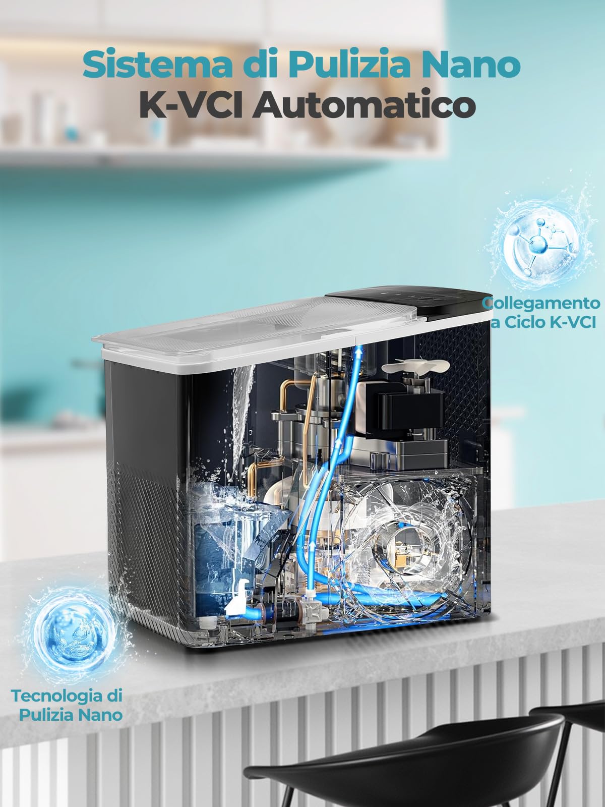 FOHERE Macchina Ghiaccio 14kg/24h, Autopulente, 2 Dimensioni,9 Cubetti in 6 Minuti, Ice Maker con Paletta/Cestello (Nero)