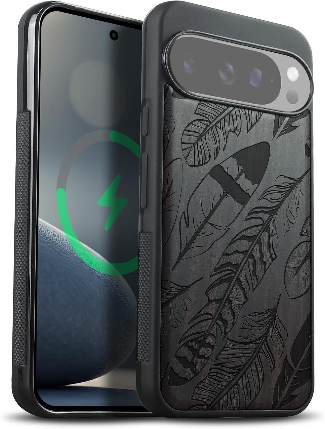 Carveit Magnetic Wooden Case for Google Pixel 10 Pro XL Case, Wood Artisan Engraved & Soft TPU Shockproof Cover, Compatible with MagSafe Wireless Chargers (Feathered Array) Blackwood