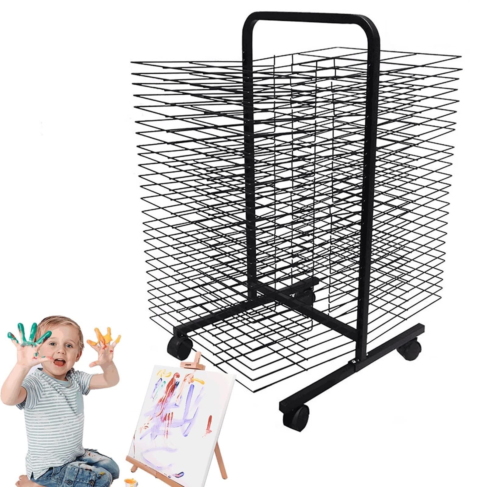 PPXCZZ Mobile Metal Art Drying Rack with 26 Shelves, Powder-Coated Durable Frame, Lockable Wheels for Classroom & Studio(50 Floors)