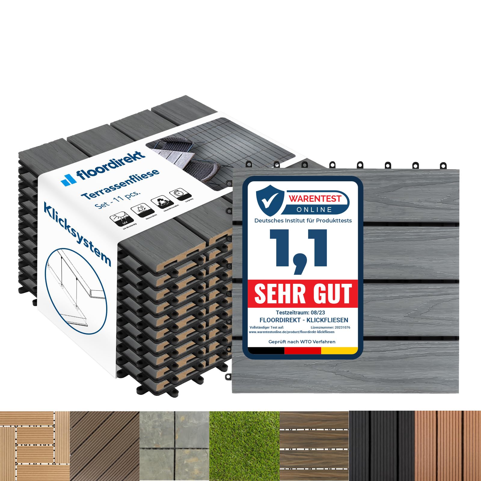 Floordirekt WPC Fliesen 30x30 cm, 1m² = 11 Terrassenfliesen, Klickfliesen, Balkonfliesen in Holzoptik - Bodenbelag für Balkon & Terrasse - wetterfest mit Drainagefunktion | Classic Grau