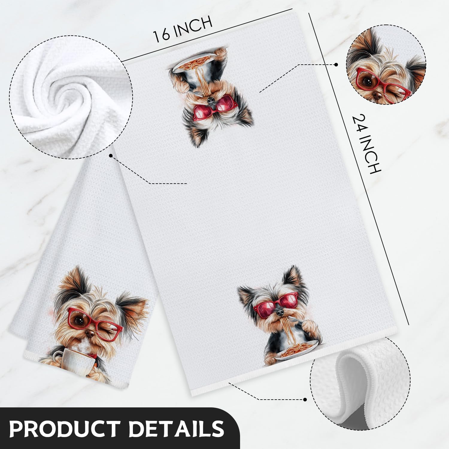 Yorkshire Terrier Wine Coffee Spaghetti Kitchen Towels, Gifts for Yorkshire Terrier Dog Lovers Decorative Hand Towels, Wine and Coffee Lover Gifts Dish Tea Towel, 16x24 Inch Set of 3 Towels