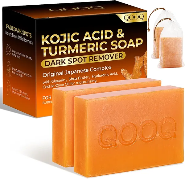 QOOQ Turmeric Kojic Acid Soap for Dark Spots Brightening – Face and Body Wash with Vitamin C, Retinol, Collagen, Vitamin E, Glycerin, Shea Butter & Castile Olive Oil – Soap for Women & Men (120g x 2)