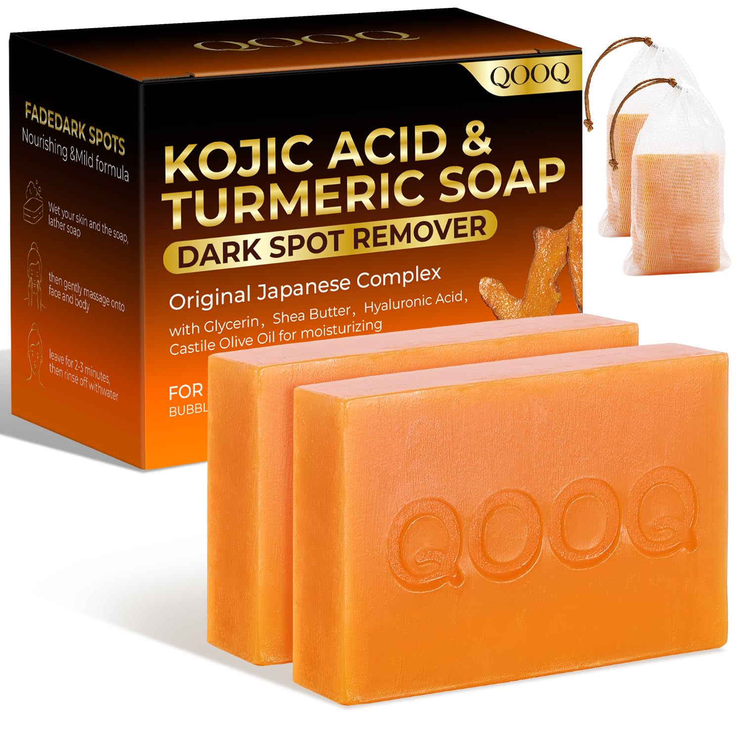 QOOQ Turmeric Kojic Acid Soap for Dark Spots Brightening – Face and Body Wash with Vitamin C, Retinol, Collagen, Vitamin E, Glycerin, Shea Butter & Castile Olive Oil – Soap for Women & Men (120g x 2)
