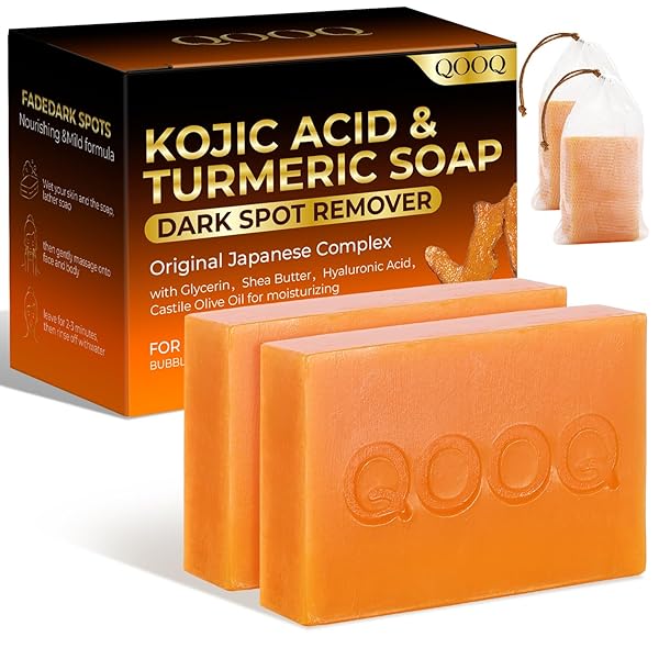 QOOQ Turmeric Kojic Acid Soap for Dark Spots Brightening  Face and Body Wash with Vitamin C, Retinol, Collagen, Vitamin E, Glycerin, Shea Butter & Castile Olive Oil  Soap for Women & Men (120g x 2)