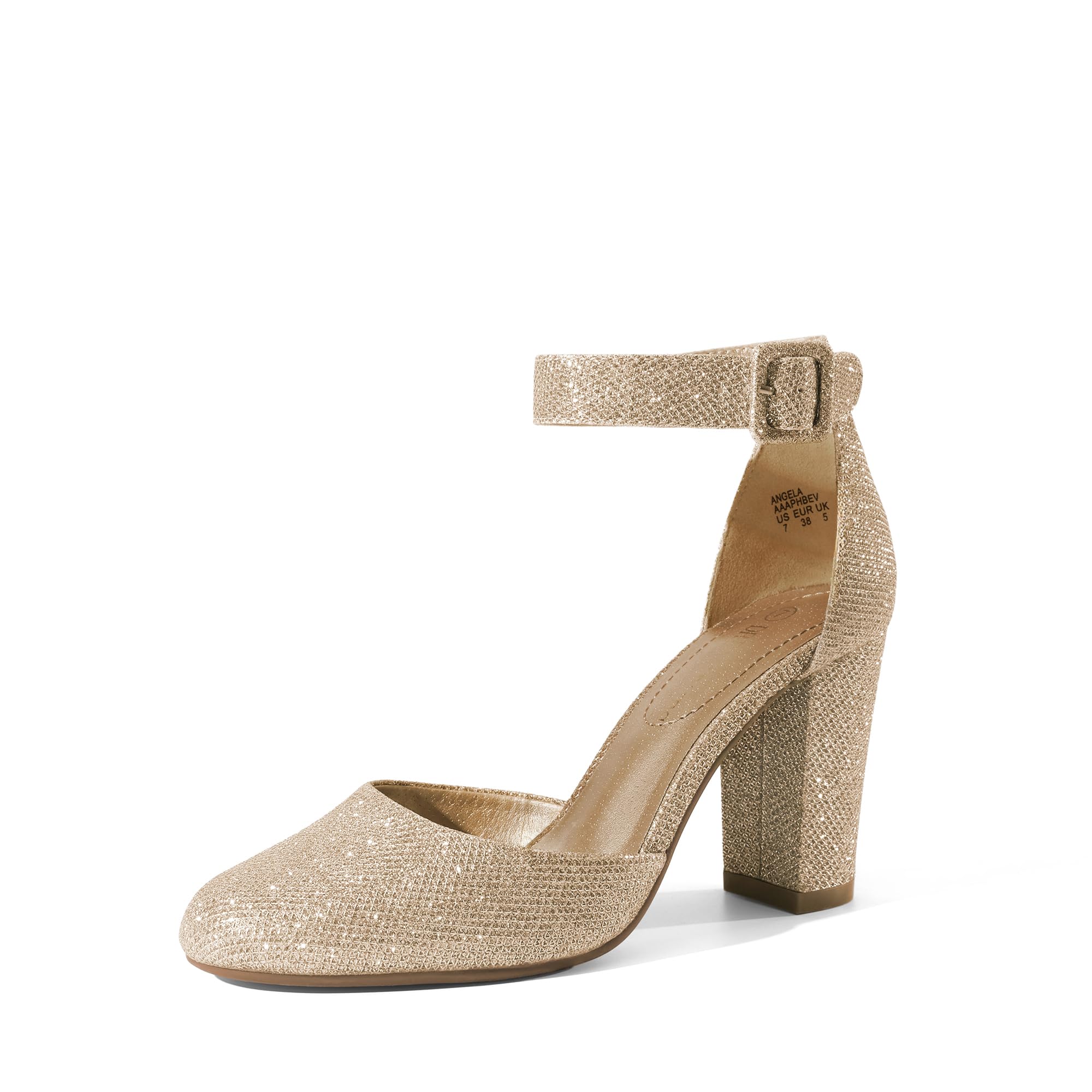 – Womens High Heels Closed Toe Court Shoes Block Ankle Strap Ladies Sandals for Wedding Angela