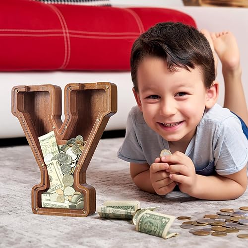 Miniatura 535 de SummiDate Alcancía de madera con nombre, niños y niñas, tamaño grande, letras alfabeto A-Z, monedas y billetes, inicial en cubierta transparente