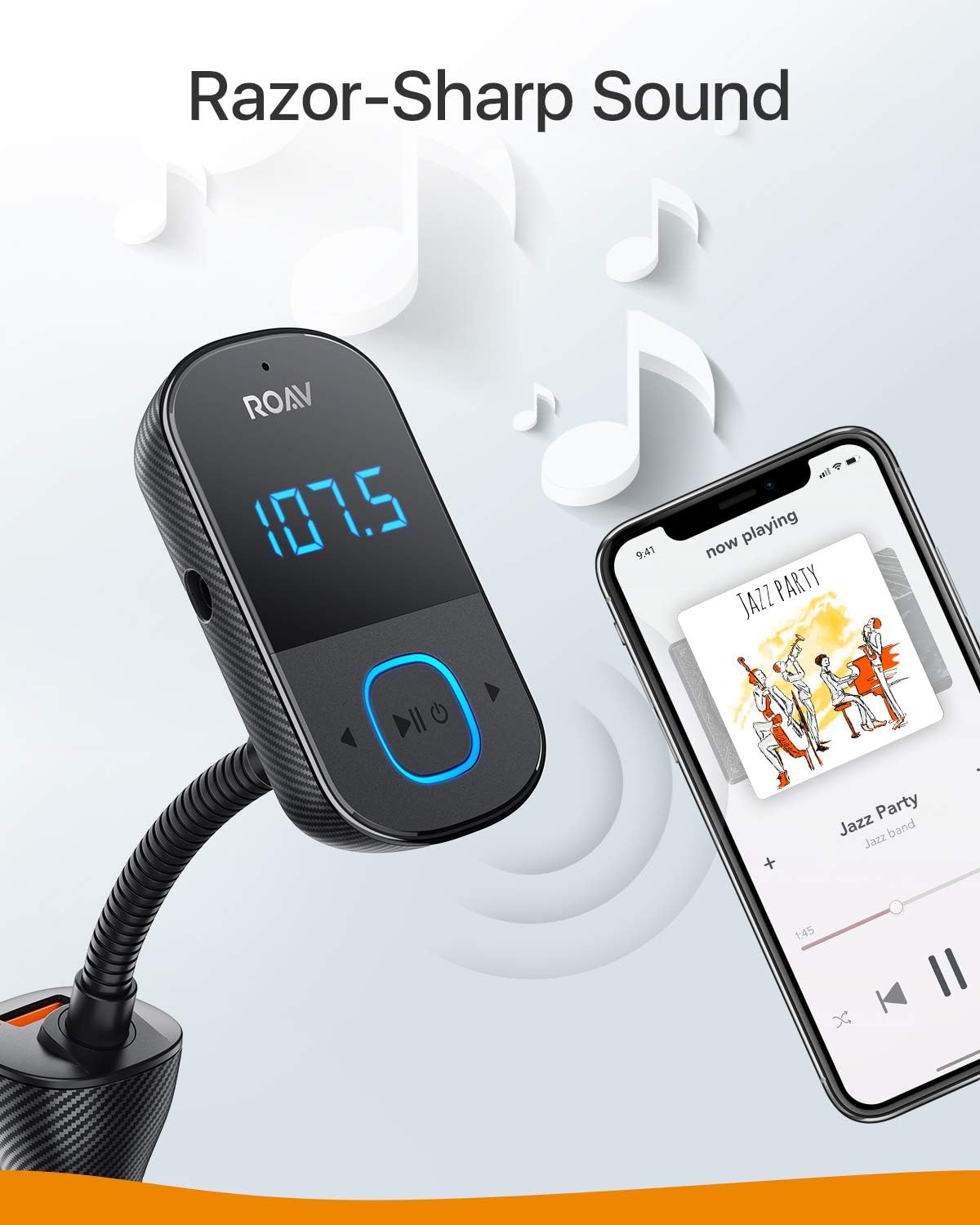 Anker Roav SmartCharge T1, Bluetooth FM Transmitter for Car, Audio Adapter and Receiver with Big LED Display, PowerIQ 2.0, Hands-Free Calling, and AUX Output, Compatible with Quick Charge 3.0 Devices