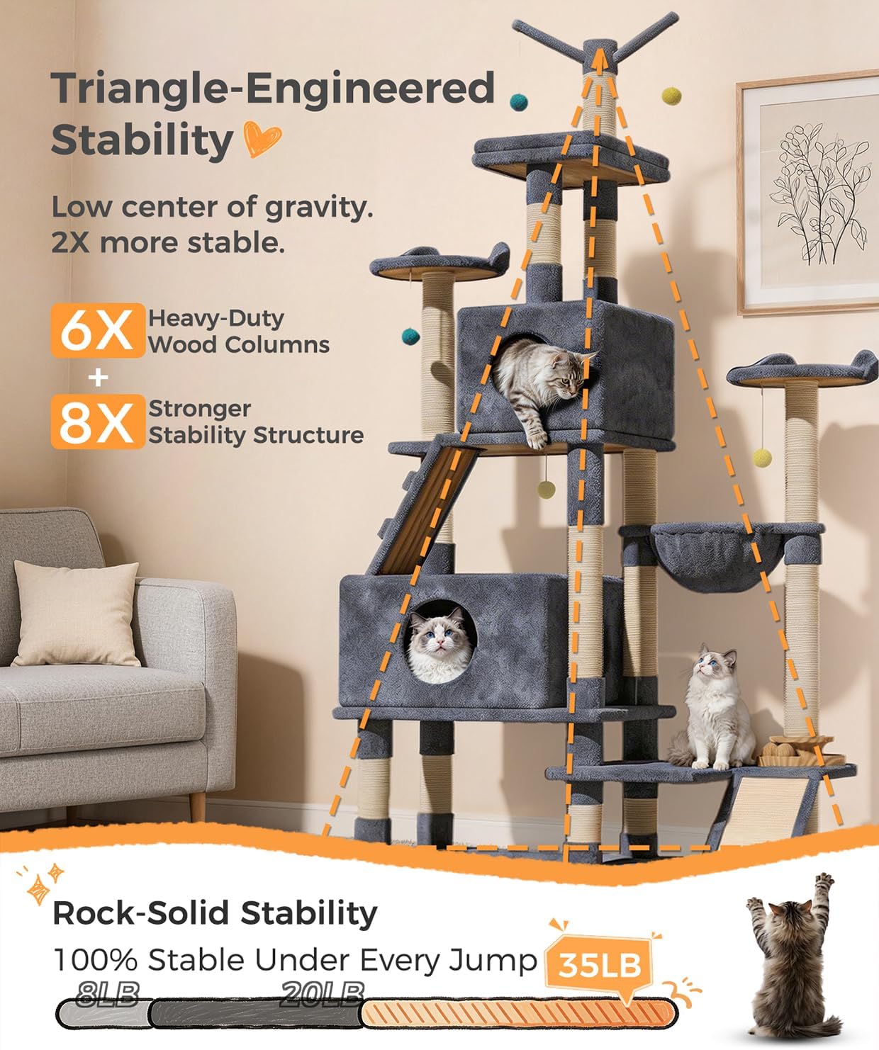 Catlike【Rock-Solid Real Wood】 76“ Tall Cat Tree for Large Cats, No Wobble Even at the Top, Extra-Large Condos for Maine Coons & Big Cats, Indoor Cat Tower with Scratching Posts, Perches & Hammmock