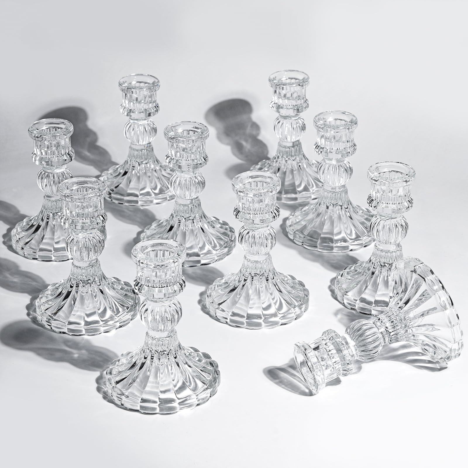 10 Pcs 4" Tall Glass Candlestick Holders Bulk Clear Glass Taper Candle Holder Set Crystal Candle Holders for Table Centerpiece, Candlesticks Holder Decor for Wedding, Thanksgiving, Valentine's Day