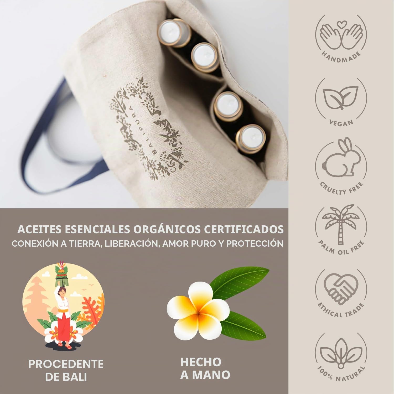 BALIPURA Set de Regalo de Mezclas curativas de Cristales curativos con aceites Esenciales orgánicos: Amor Puro, Protección, Dejar IR y Puesta a Tierra 4 x 30 ml / 1 FL.oz en una Bolsa de Lino