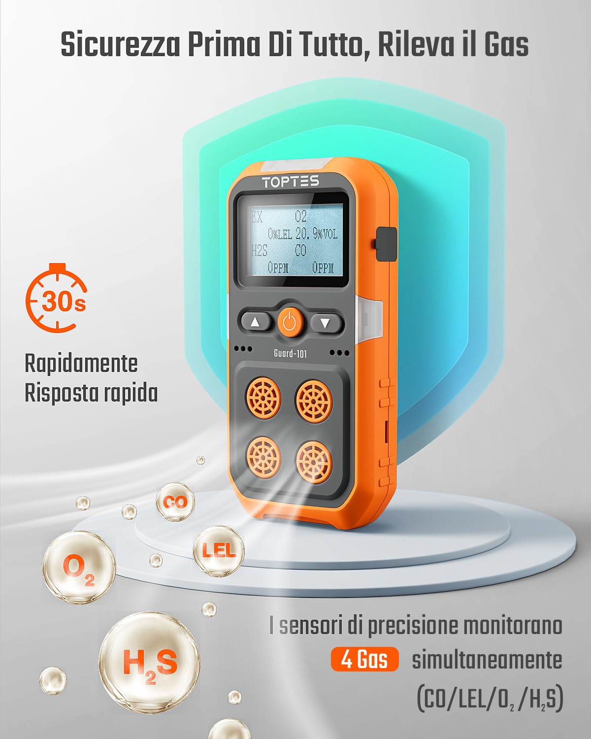TopTes Guard-101 Rilevatore di Gas, Monitor per 4 Gas H2S, CO, LEL e O2, Allarmi a Vibrazione, Visivi e Sonori, Durata della Batteria 14h, Sicurezza Antideflagrante, Monitor di Gas per Lavoro e Cas