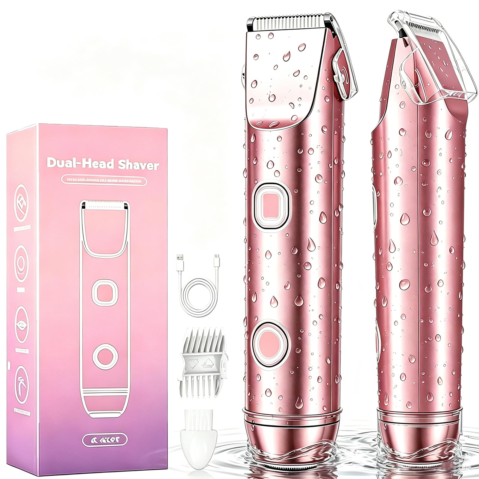 2 in 1 Rasoir Electrique Femme, Tondeuse Intime & Visage, Étanche IPX7 Humide/Sec, avec Écran LED et Lames Hypoallergéniques pour Zones Sensibles, Précise et Sans Irritation (Rose)