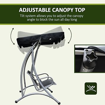Outsunny 3-Seat Outdoor Porch Swing Chair, Patio Swing Glider with Adjustable Canopy, Breathable Seat, and Steel Frame for Garden, Poolside, Backyard, Black