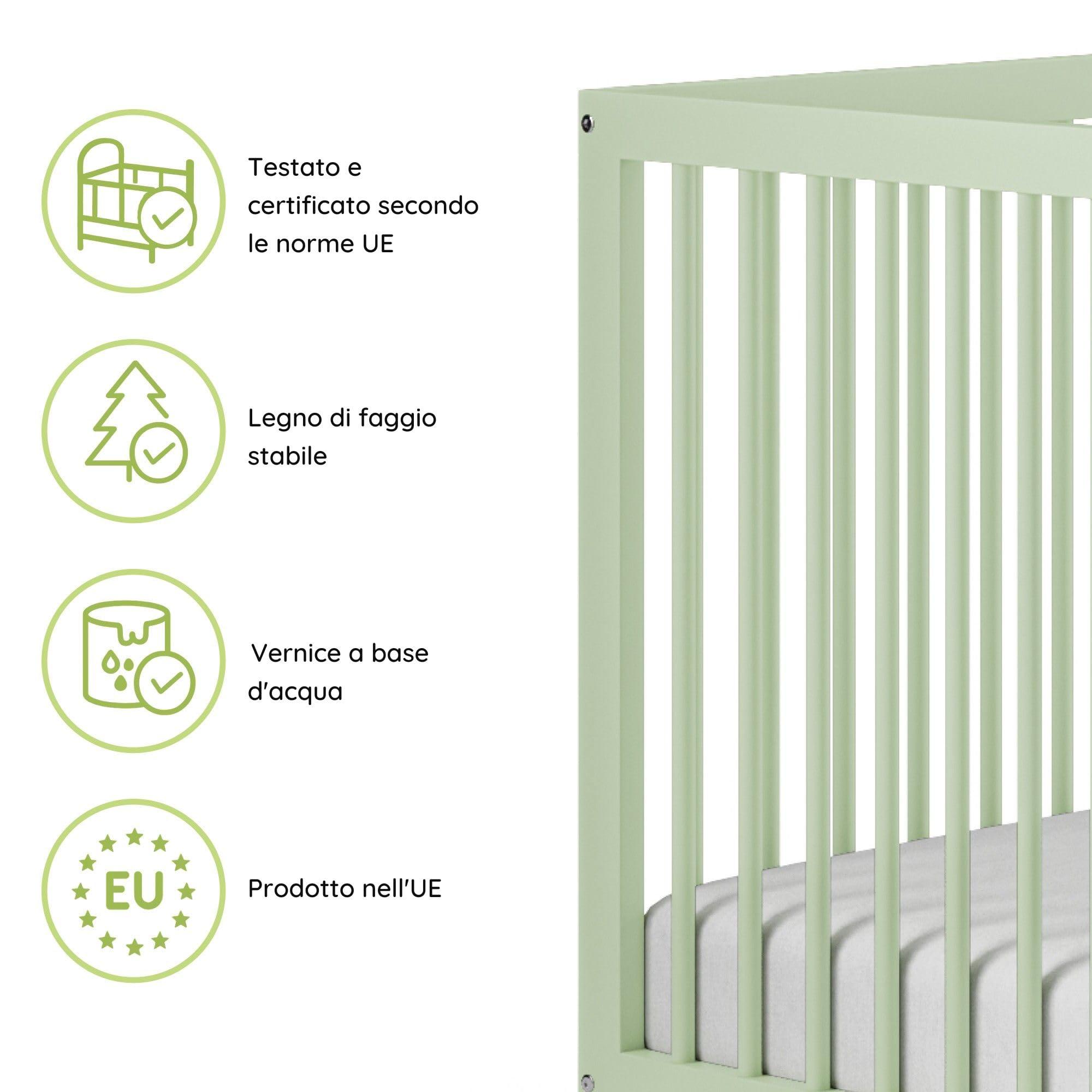 Kids Collective Letto per Bambini in legno di faggio 60x120 cm e 70x140 cm | Rete regolabile in altezza, sbarre removibili | Dalla nascita fino a 3 anni | Prodotto in UE | verde
