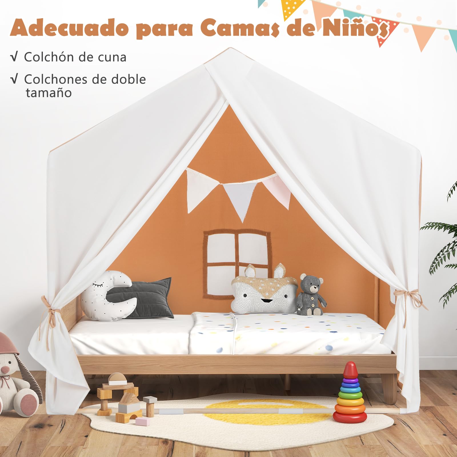 COSTWAY Tienda Campaña Infantil Niña, Carpa de Juegos Infantiles con Colchoneta Lavable y Banderín, Casita para Niños con Ventanas, Cortinas, Estructura de Madera para Niños 3+ Años (Marrón)