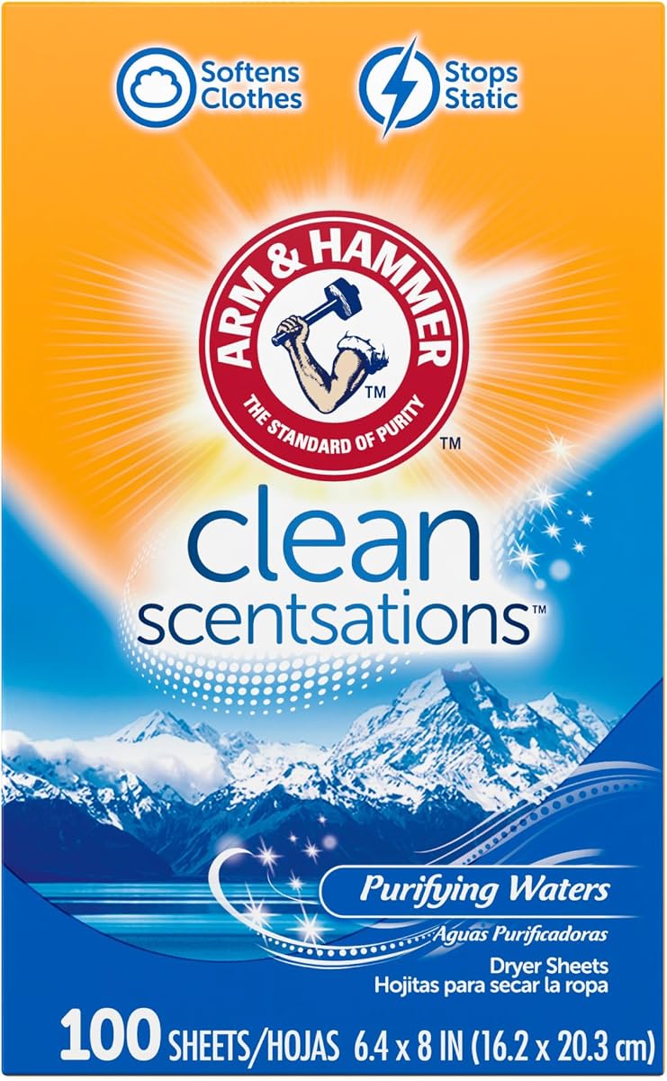 ARM & HAMMER Hojas para secadora suavizante de telas, aguas purificantes, 100 unidades | Suaviza la ropa, reduce la estática y ofrece frescura duradera