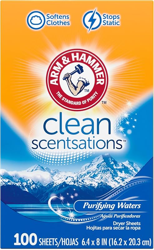 ARM & HAMMER Hojas para secadora suavizante de telas, aguas purificantes, 100 unidades | Suaviza la ropa, reduce la estática y ofrece frescura duradera
