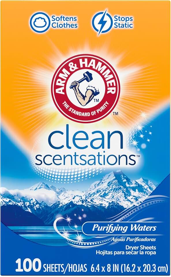 ARM & HAMMER Folhas de amaciante de tecido, 100 folhas, águas purificadoras