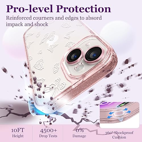 Miniatura 5 de Funda compatible con iPhone 15, bonita estética, funda de teléfono rosa con purpurina y protector de cámara, diseño de selva de hongos femeninos con