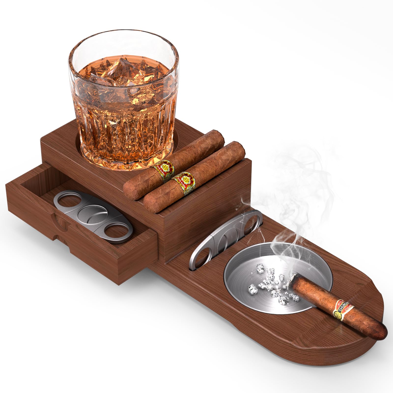 Wooden Ashtray with Whiskey Glass Holder & Cigar Rest – 4-in-1 Tray with Cutter Slot and Humidor, Accessories Set for Men Gift, Perfect Holiday Present, Elegant Design