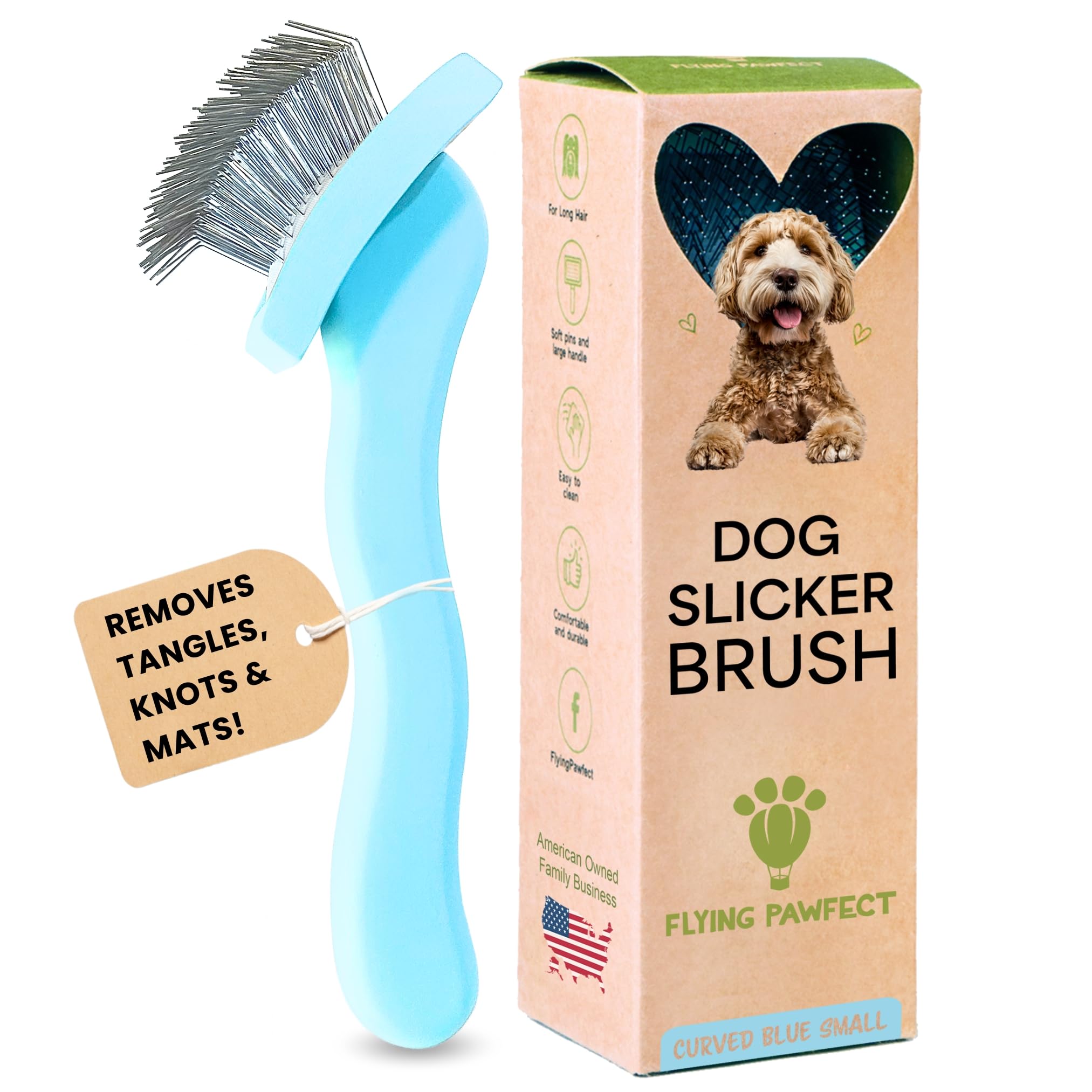 Slicker Brush for Dogs - Long Pin for Poodles, Doodles & Long Haired Dogs, Deshedding & Dematting Tool, Slicker Dog Brushes for Grooming (Blue, Curved Small)