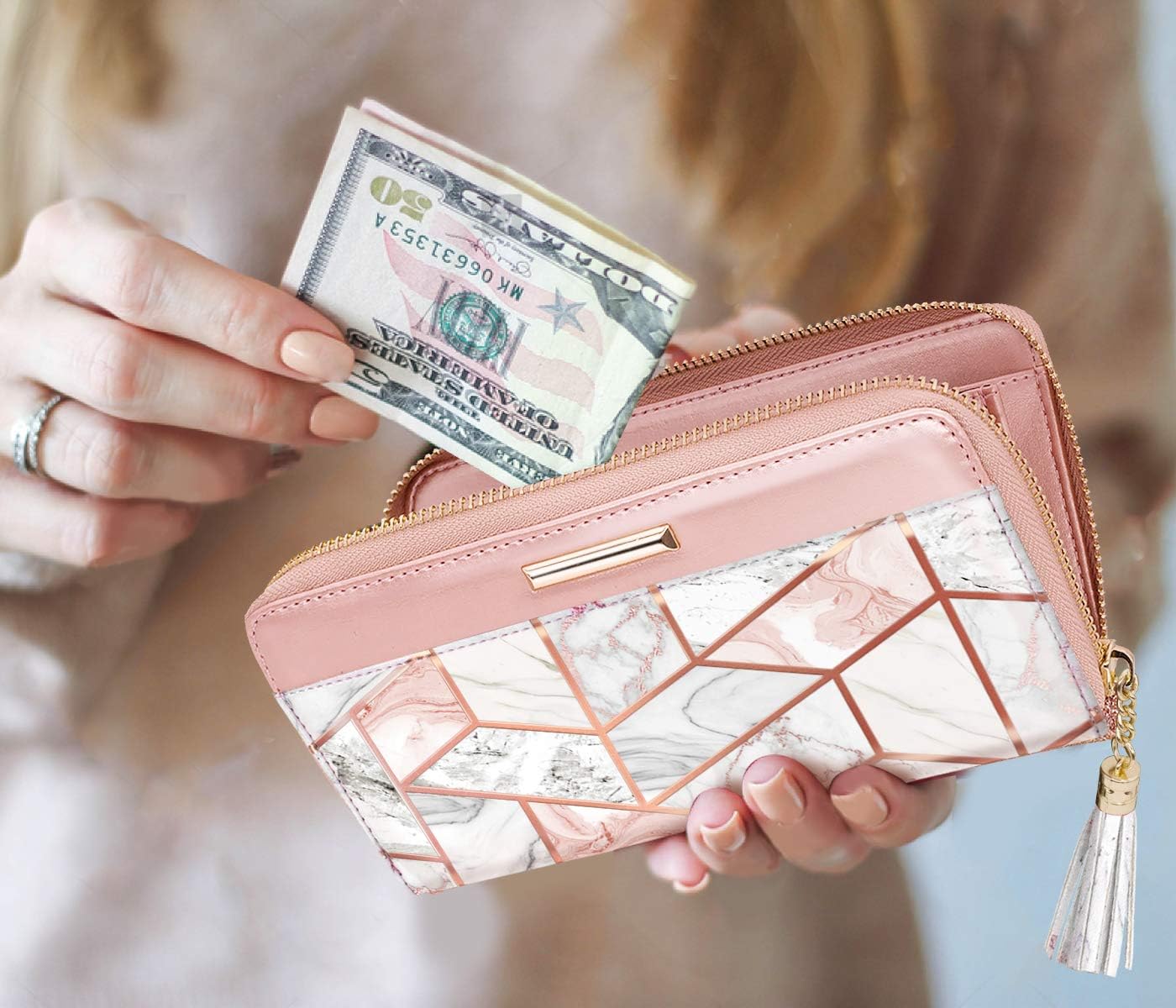 Women Wallets Multi Card Case Wallet Clutch Wallet Card Holder Organizer Ladies Purse Floral Tassel Wrist strap Purse,Gold Marble - Image 4