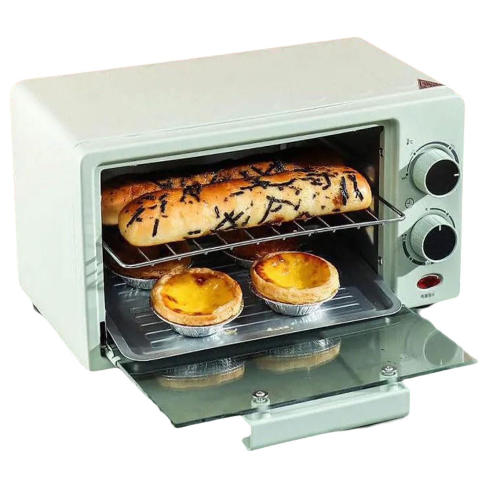 Mini piekarnik 12 l, piekarnik konwekcyjny z regulowaną temperaturą i timerem, toster na blacie z 2 pokrętłami, kuchenka elektryczna i grill do pieczenia, gotowania, pieczenia, grillowania