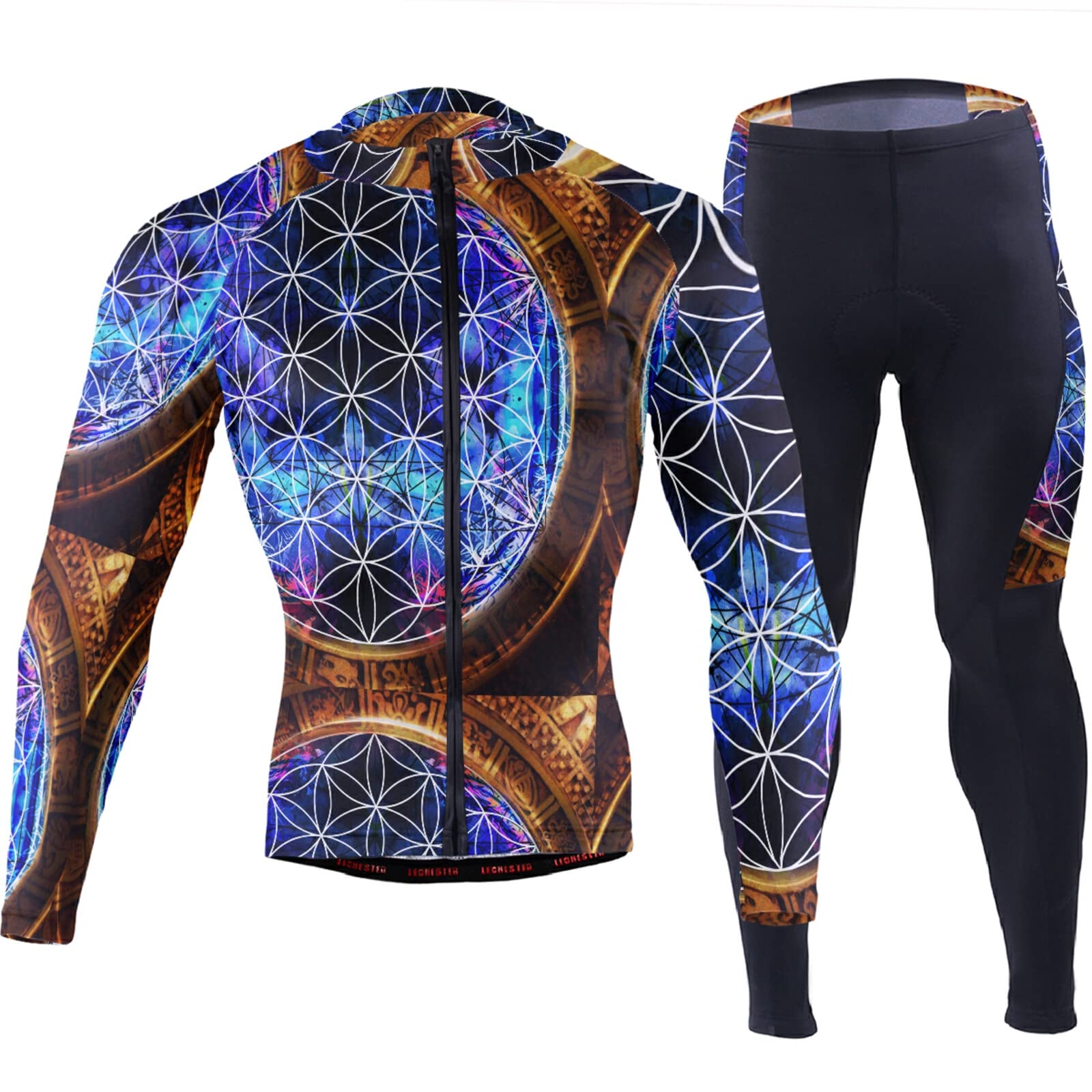 Ancient Mayan Calendar Purple Gold Pattern Flower of Life Men Cycling Jersey Clothes Long Padded Pants Sets Quick Dry Bike Riding Shirts Clothes Long Sleeve Outfit Full Zipper Jacket(S)