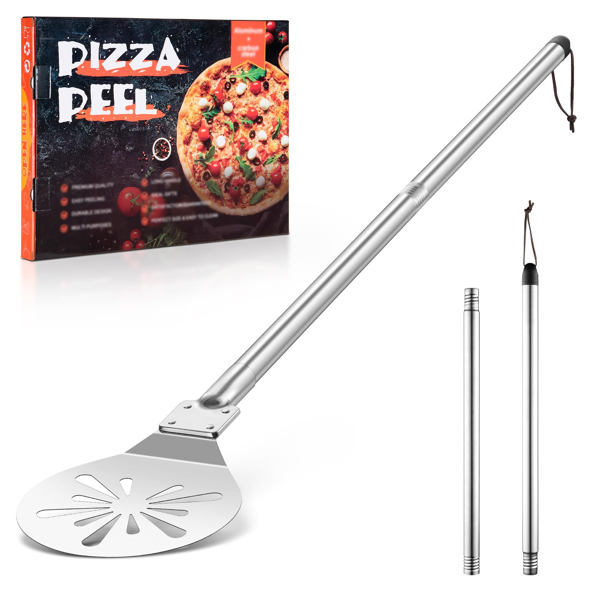 Herogo Pizza Turning Peel, 7 Inch Stainless Steel Perforated Pizza Paddle with Long Detachable Handle, Round Pizza Shovel for Baking Pizza, Metal Turning Tools for Oven Grill, Easy Clean & Storage