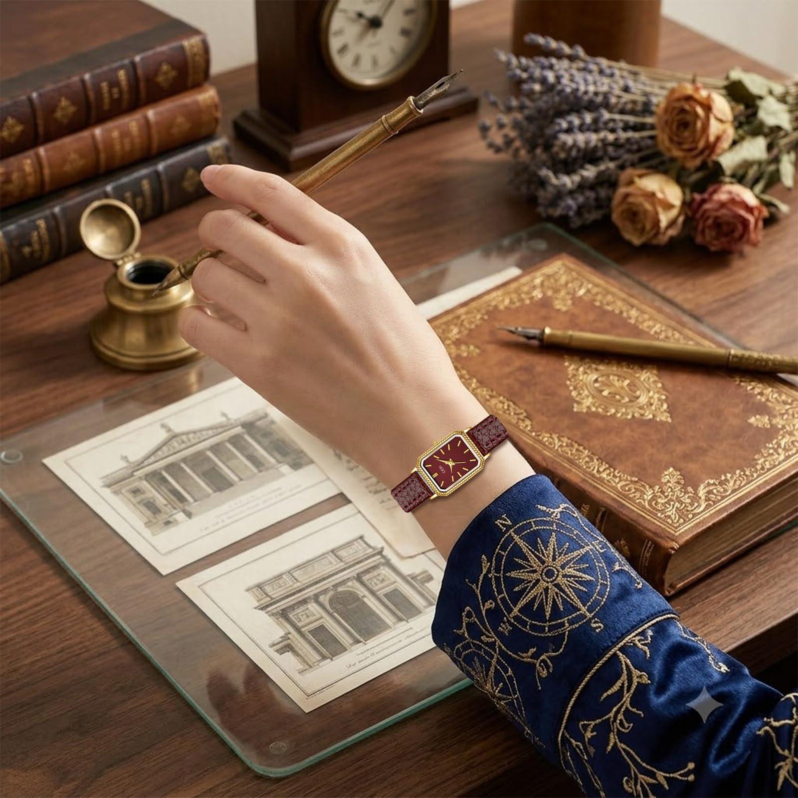 Gosasa Orologio da polso da donna, vintage, rettangolare, piccolo, al quarzo, analogico, con cinturino in pelle testurizzata, resistente all'acqua fino a 30 m