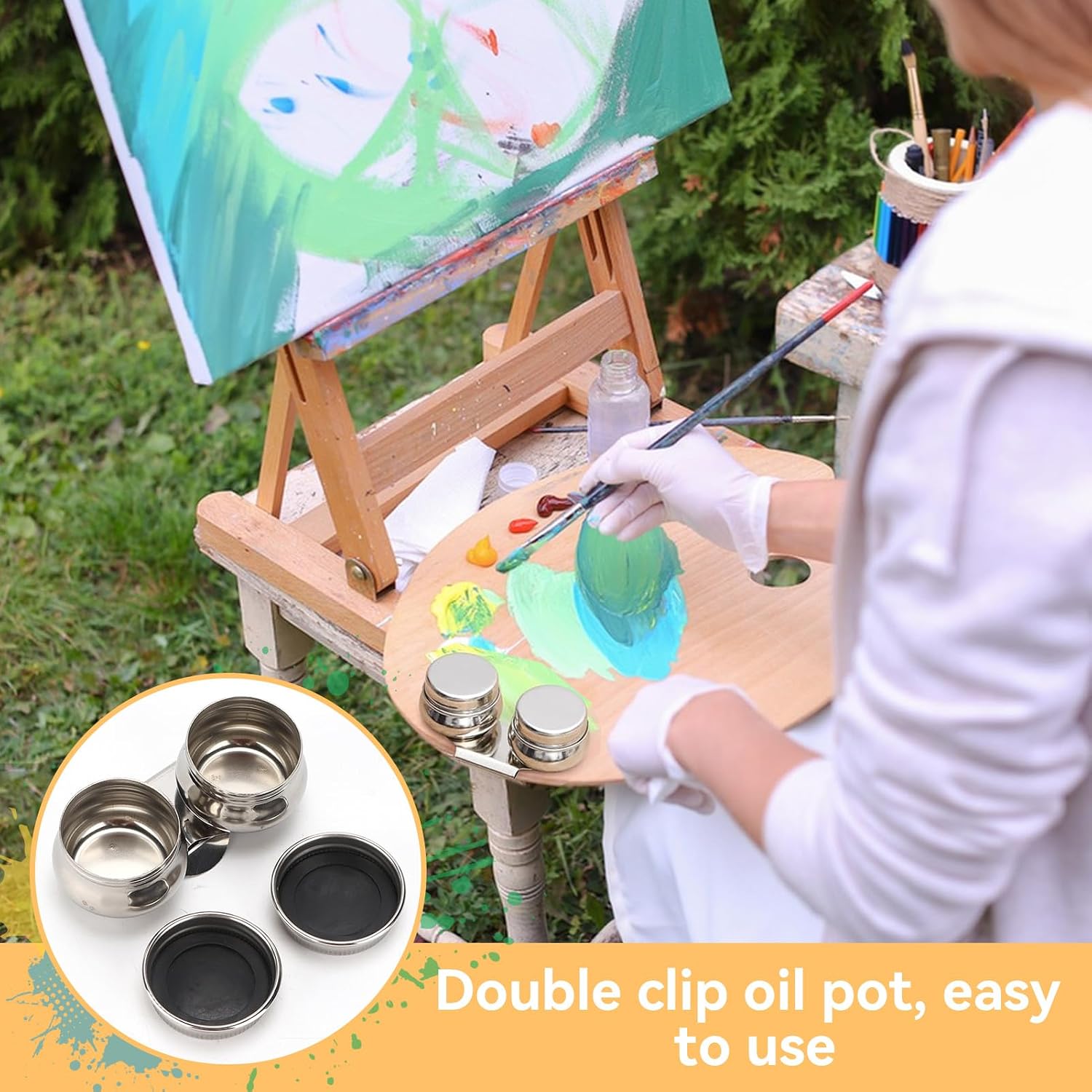 Paint Brush Cleaner Set, Stainless Steel Paint Brush Washer with Lid Double Dipper Palette Cup Painting Paint Brush Holder for Oil Cleaner Kits
