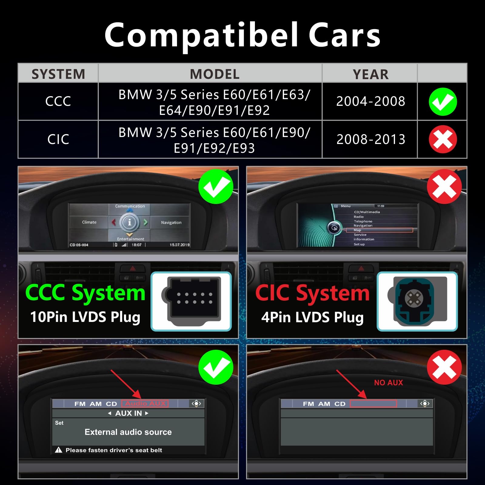 Fast Boot Linux Radio samochodowe kompatybilne z BMW serii 3/5 E60 E61 E63 E64 E90 E91 E92 (2005-2008) CCC iDrive Upgrade | Bluetooth / Wireless CarPlay/Android Auto | Retains Kontrole OEM