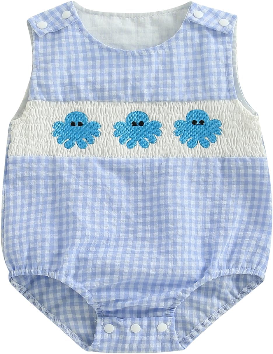 Newborn Boy Turtle Romper Sleeveless Seersucker Stripe Overalls Gingham Plaid Octopus Bodysuit Baby Summer Clothes