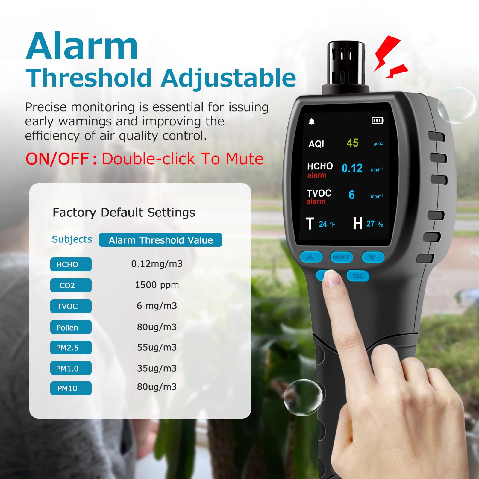 CF‑60 PP Professionale qualità aria misuratore con grafici dei dati sul dispositivo e report esportabili, rilevatore portatile 16 in 1 per AQI, CO2, TVOC, HCHO, PM2.5/10/1.0, polline ecc