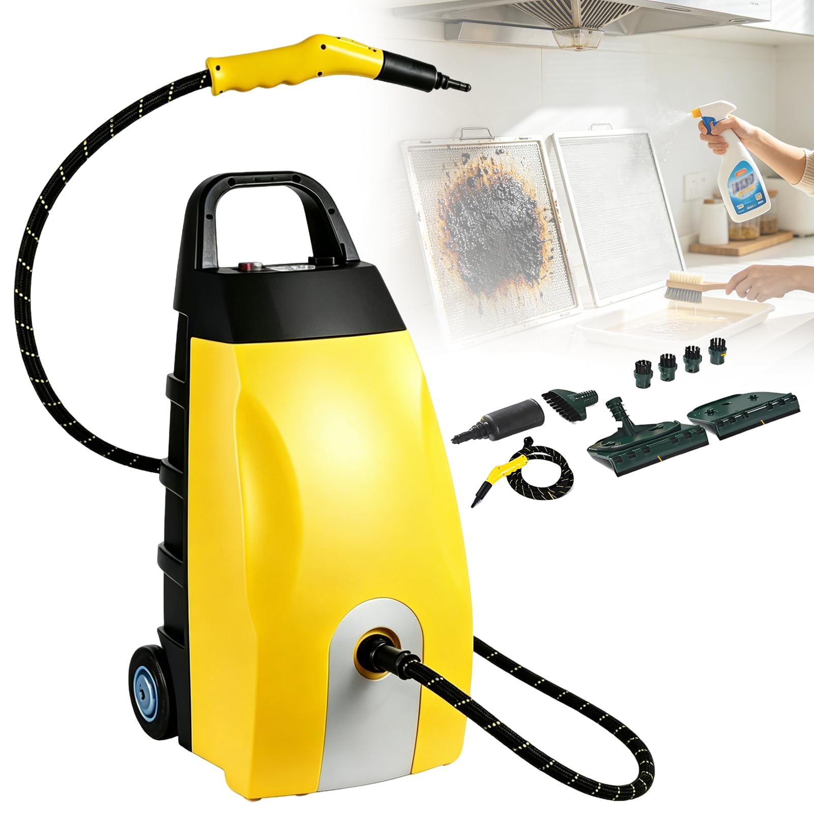 Gavscient Steam Cleaners, Portable Steamer Cleaning Machine, With 6 Brush Heads, For Kitchen Home Use,Upholstery, Bathroom, Grout And Tile, Car Detailing Yellow