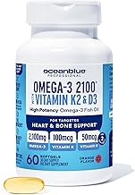 Oceanblue Professional Omega-3 2100 with Vitamin K2 and Vitamin D3-60 Count - Triple Strength Burpless Fish Oil Omega-3 Supplement with EPA, DHA & DPA - Wild Caught - Orange Flavor, 30 Servings