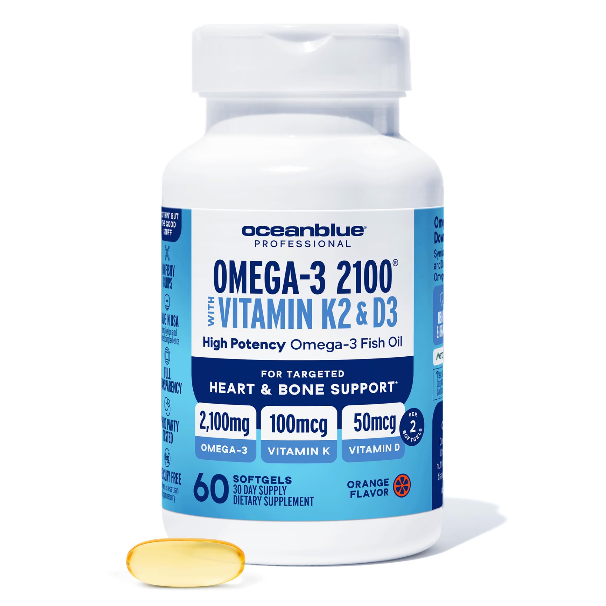 Oceanblue Professional Omega-3 2100 with Vitamin K2 and Vitamin D3-60 Count - Triple Strength Burpless Fish Oil Omega-3 Supplement with EPA, DHA & DPA - Wild Caught - Orange Flavor, 30 Servings