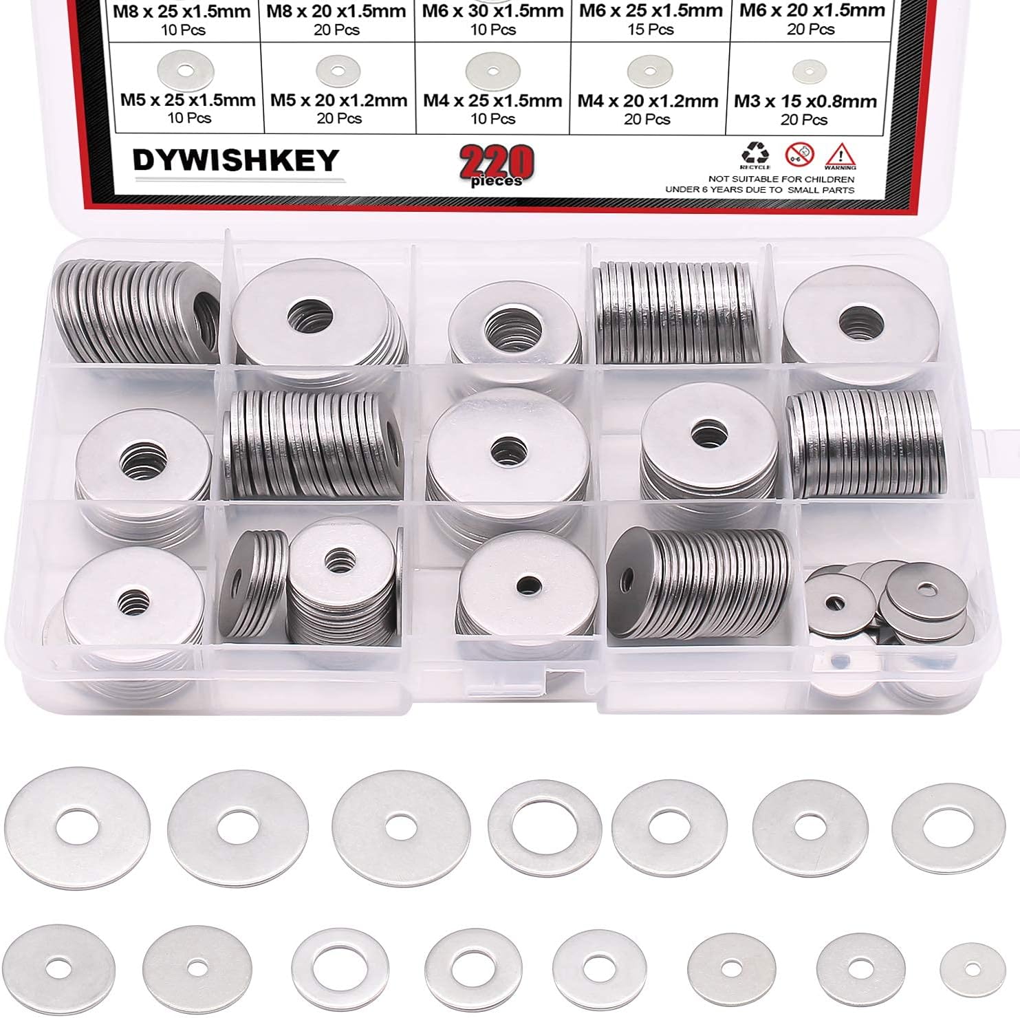 DYWISHKEY220Pieces 15 Sizes Large Fender Washer Assortment Kit, 304 Stainless Steel (M3 M4 M5 M6 M8 M10 M12)