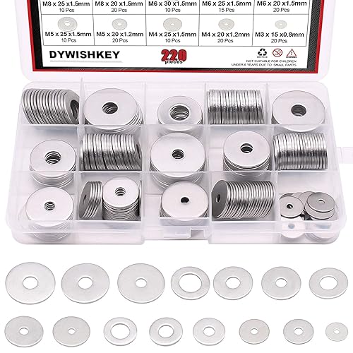 DYWISHKEY Kit surtido de 220 piezas de 15 tamaños de arandelas de guardabarros grandes, acero inoxidable 304 (M3 M4 M5 M6 M8 M10 M12)