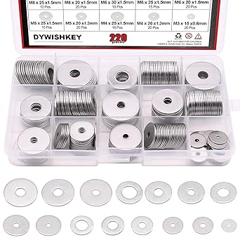 DYWISHKEY 220Pieces 15 Sizes Large Fender Washer Assortment Kit, 304 Stainless Steel M3 M4 M5 M6 M8 M10 M12