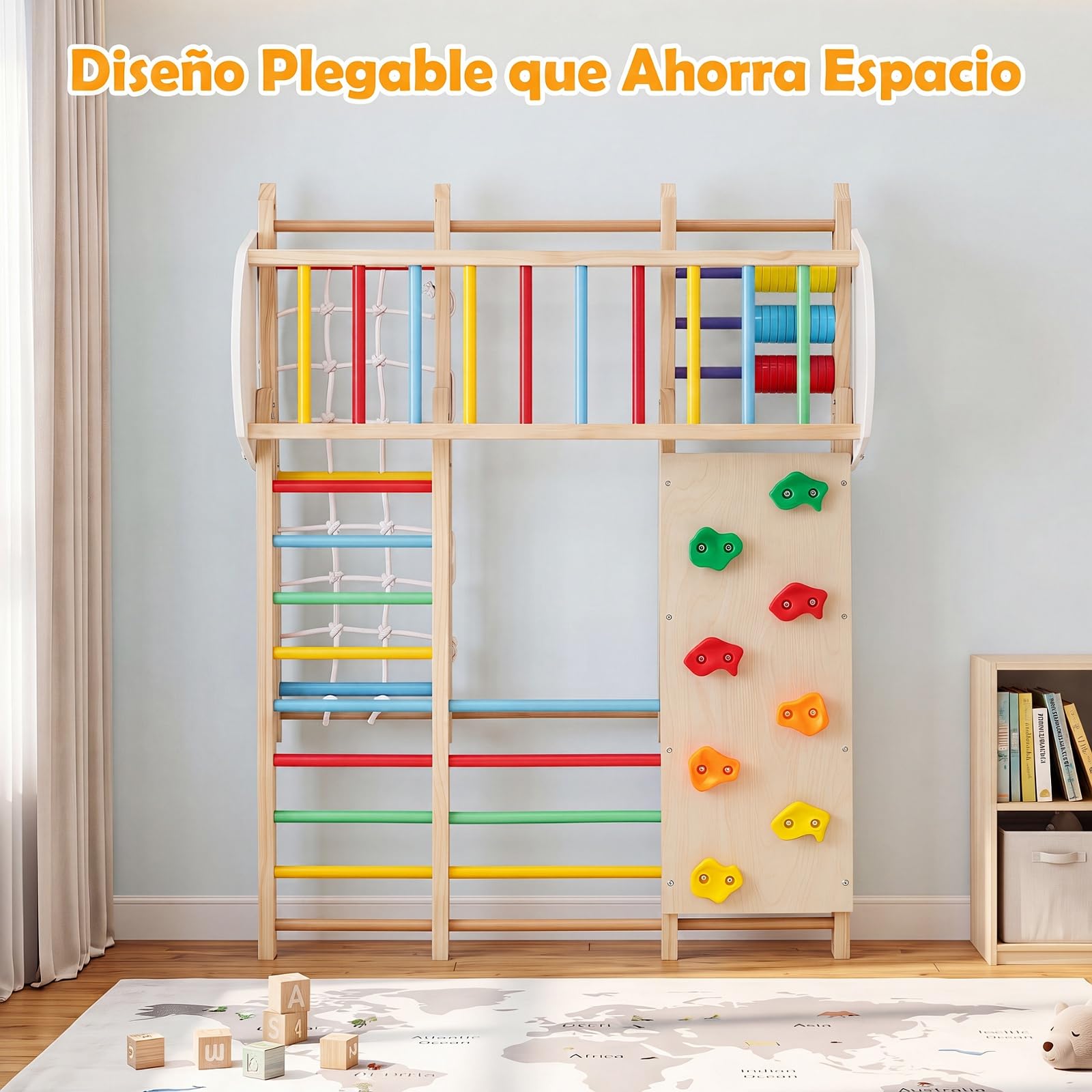 COSTWAY 8 en 1 Estructura de Escalada para Niños,Madera Maciza (Multicolor) | Juego de Escalada Montessori con Pared de Escalada, Barras de Mono y Columpio para Habitación Infantil Sala de Juego