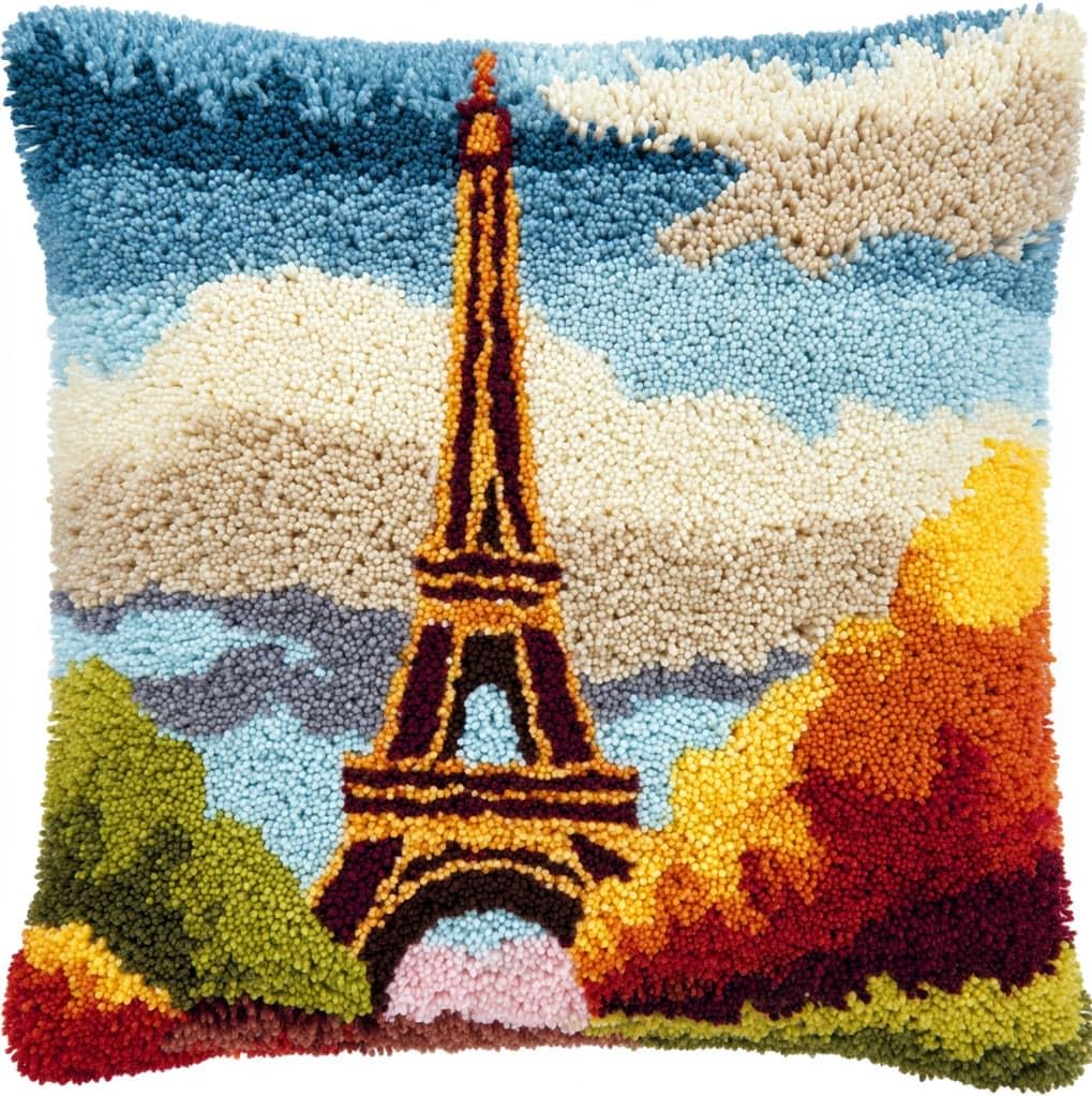 WallustrioaW DIY Latch Hook Kits,Eiffel Tower,Pattern Printed Throw Pillow Case Cushion Cover Crochet Needlework Crafts for Kids and Adults,17x17in